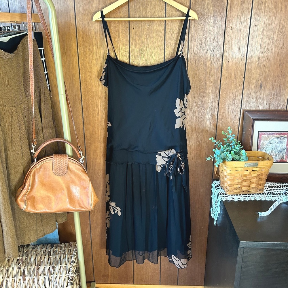 Vintage Jonathan Martin Black & Brown Floral Silk Maxi Dress Size 16